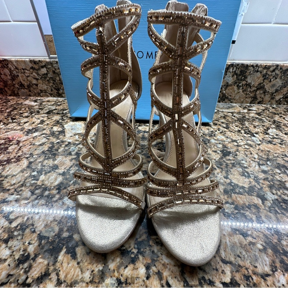 Antonio Melani Gold Gemstone Strappy Heels Size 8